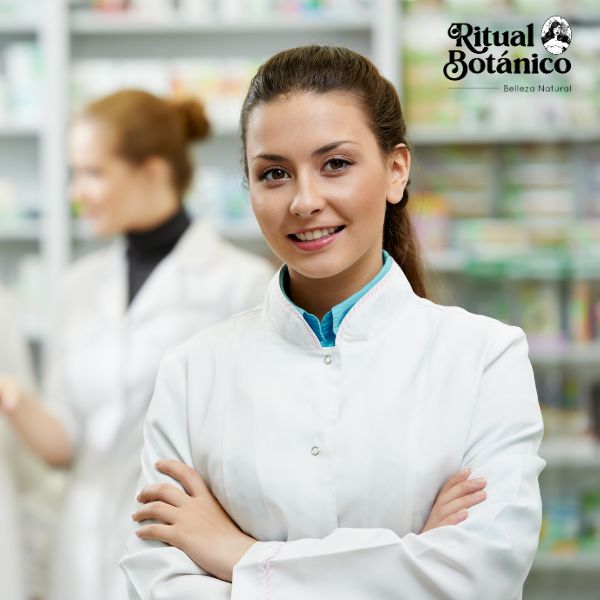 Muestra la foto de una joven de laboratorio con toga blanca, fabricante de la keratina Ritual Botánico.